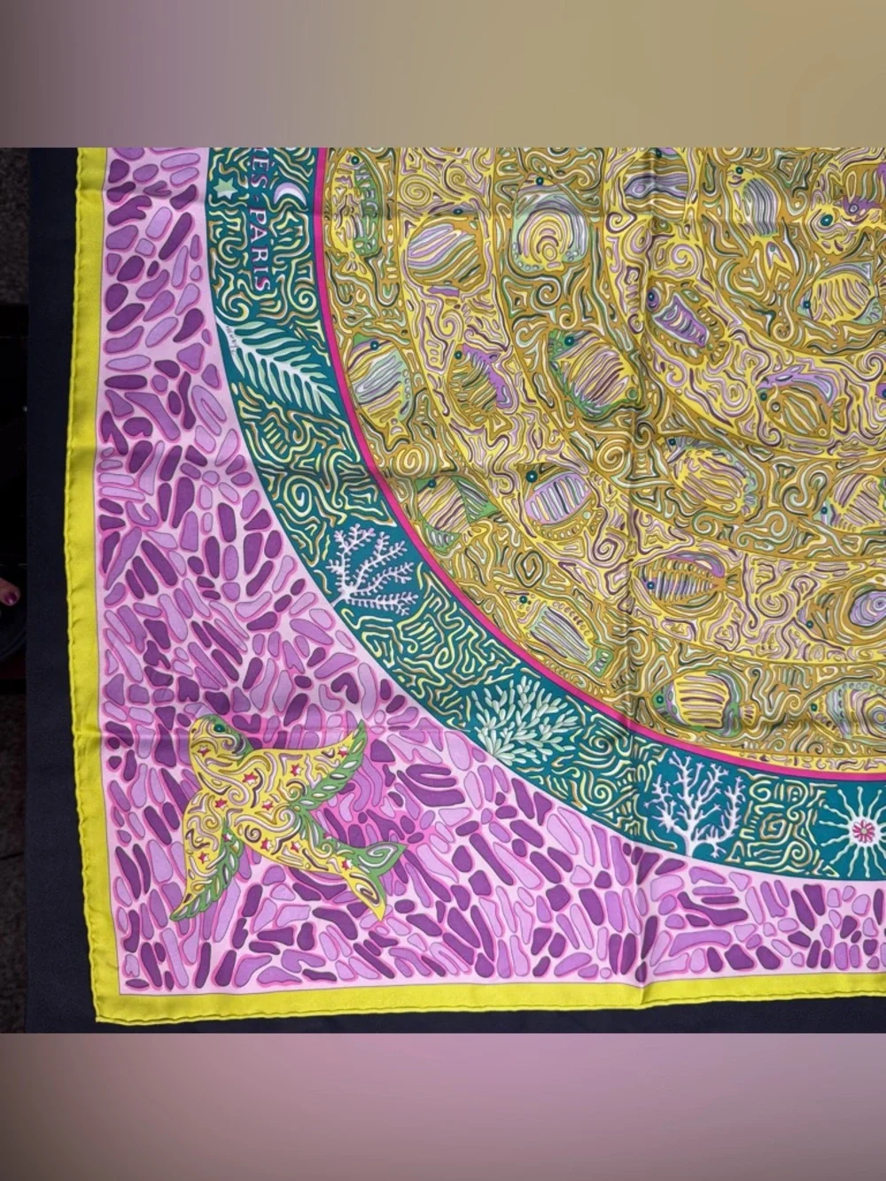 Hermes Silk Scarf Pink Yellow Green Fish La Legende Du Poisson Corail Coral - Picture 3 of 12